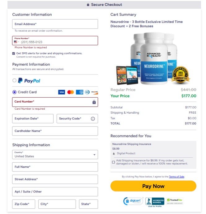 Safe and easy NeuroDrine payment page